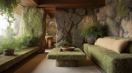 Modern living room with a stone wall on one side and a wooden ceiling on the other. the wall is covered in green moss and has a large rock formation on the left side.