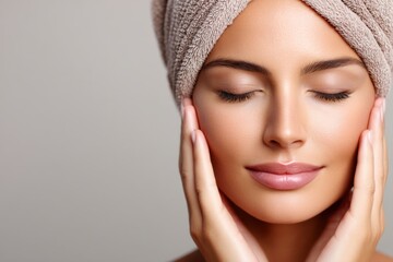 Woman with Towel on Head Touching Face, Relaxing Closed Eyes