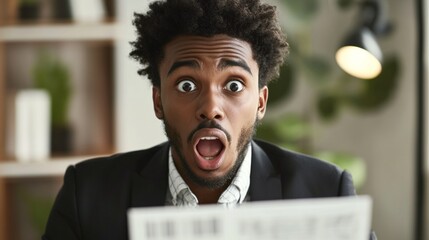 A shocked young man stares at a document with wide eyes and an open mouth, reflecting pure astonishment at unexpected news, capturing intense emotion and surprise.