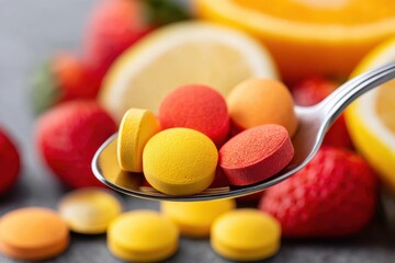 Variety of Multivitamin Tablets on a Spoon with Blurry Fruit Background