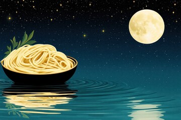 Bowl of Noodles Reflecting Under the Moonlight on Water in Pixel Art Still Life