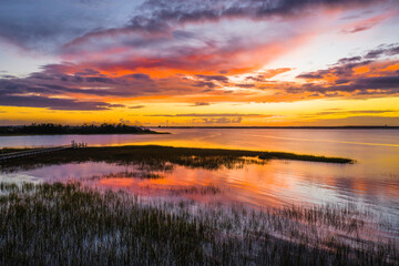 Aerial view of sunset over the salt marsh in eastern North Carolina
