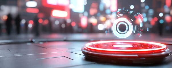 Abstract digital technology platform interface with futuristic glow and urban background