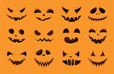 Variety of Halloween pumpkin expressions. Scary and happy cartoon faces vector illustration
