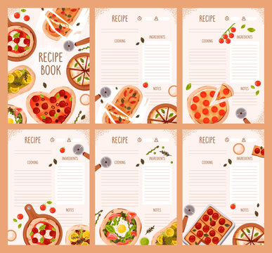Pizza recipe sheets featuring margherita, pepperoni, and cheesy toppings. Includes ingredients, meal planning, and culinary elements.
 Modern pizza cookbook design in flat vector style.