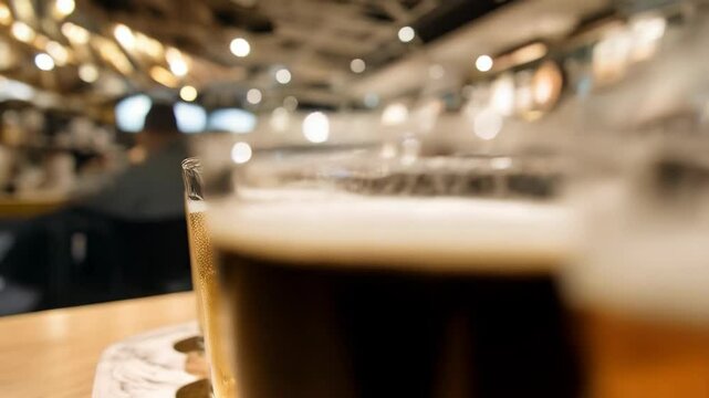 Variety of craft beers in tasting glasses arranged on a wooden flight tray, illuminating the range of colors and textures.