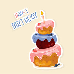 Cute Birthday Cake Vector Illustration – Three-Tier Dessert with Strawberries, Blueberries and “Happy Birthday” Text on Light Background, Perfect for Kids Party, Seasonal Celebration, and Festive Deco