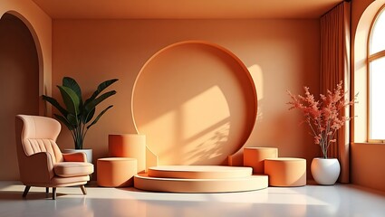 Modern Minimalist Orange Aesthetic Room Interior Design with Display Podium