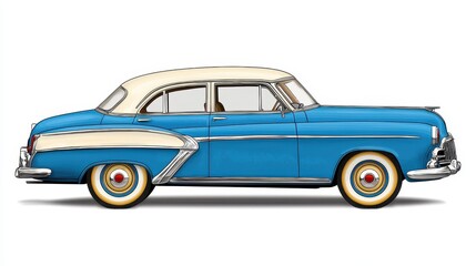 Obraz premium Classic Blue and Cream Vintage Car Side Profile Illustration