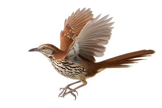 A brown thrasher bird takes flight, showcasing its wing and body details