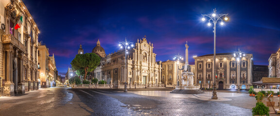 Catania, Sicily, Italy from Piazza Del Duomo at dawn.
