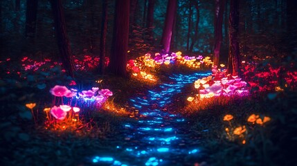 Obraz premium Glowing magical forest with bright neon flowers, bioluminescent plants, and sparkling blue path creating fantasy scene image