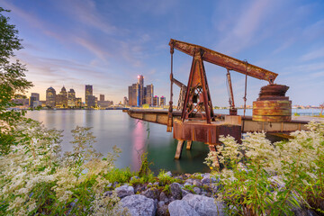 The Detroit, Michigan, USA skyline as seen from across the Detroit River in Windsor, Ontario, Canada