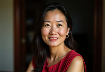 Brightly lit room captures a poised Chinese woman exuding confidence and warmth. Her genuine smile reflects an inviting personality, creating a memorable moment indoors Generative AI