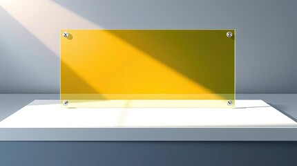 A yellow rectangular glass panel mounted on a white platform under a beam of light indoors