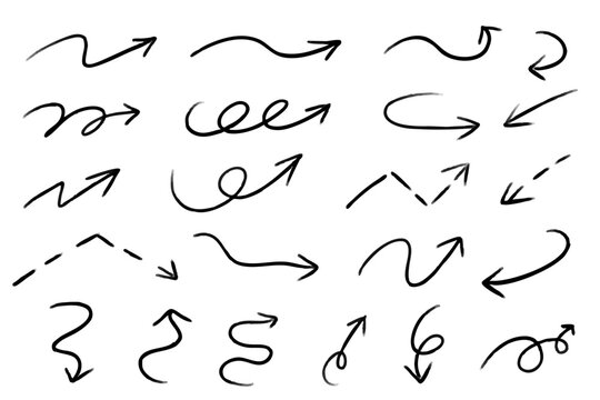 Marker or sharp pencil arrow doodles pack - hand sketched round swirls, curved lines, pointers. Artistic design elements, grunge scribbles, chaotic strokes drawings. Black crayon chalk 