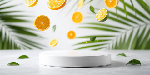 Minimal white podium with floating citrus fruits and green leaves, tropical summer vibe, fresh and vibrant scene