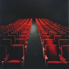 Fototapeta premium A striking wide-angle shot of pristinely arranged empty theater seats, their plush red (or velvet blue) upholstery glowing under soft house lights.
