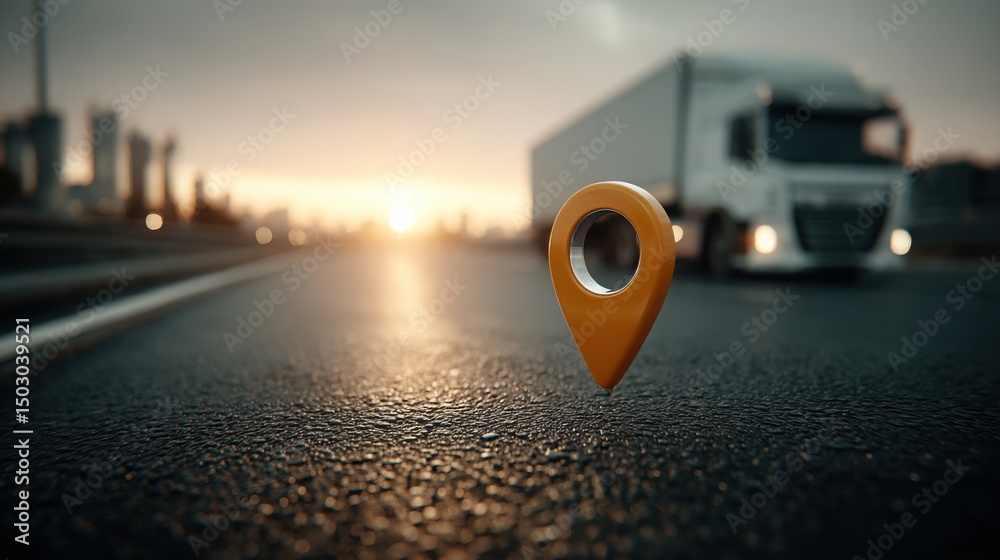 Poster a map pin positioned on a road signifying navigation and direction in a conceptual price corridor to