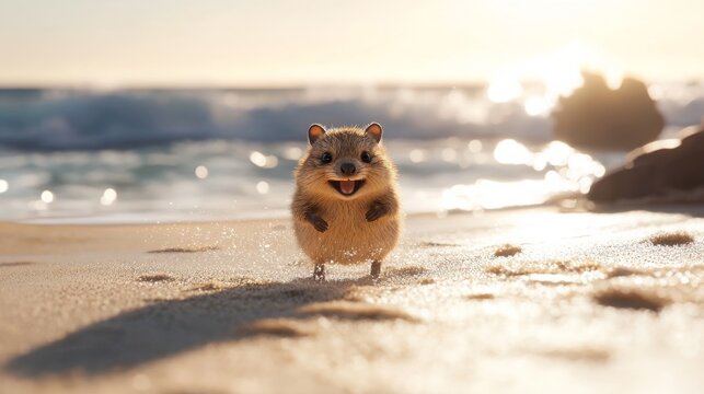 Adorable quokka bounces across the sandy beach, its round cheeks and infectious smile