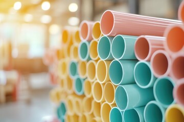 Stacked plastic pipes in factory setting colorful industrial material for construction or plumbing
