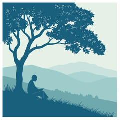 Silhouette of a person sitting under a tree in a serene landscape