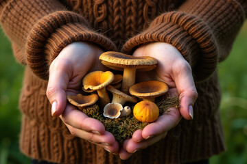 A person wearing a brown knitted sweater holds a handful of mushrooms in cupped hands, with moss and greenery visible.