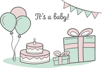 Adorable Baby Celebration with Cake, Gifts, and Balloons in Soft Pastel Colours