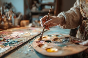 Obraz premium A close-up of a person holding a paintbrush and palette
