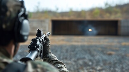 Soldier Firing Rifle at Outdoor Range