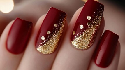Burgundy Nails with Gold Glitter Accent: Luxurious Manicure Design