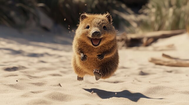 Adorable quokka bounces across the sandy beach, its round cheeks and infectious smile melting the hearts of all who encounter it. 