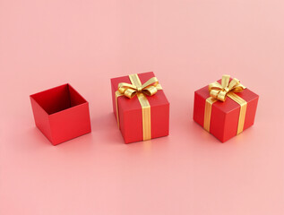 Fototapeta premium A set of red gift boxes with golden ribbons