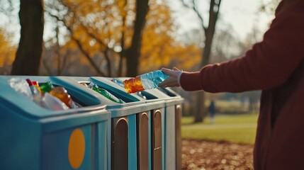Person Recycling Plastic Bottle in Autumn Park