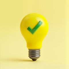 Fototapeta premium A bright yellow lightbulb with a green checkmark—symbolizing creative ideas, innovation, and smart approval.