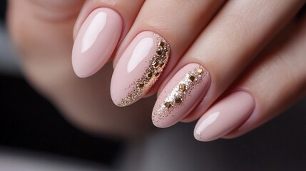 Elegant Pink Nails with Gold Glitter and Accents