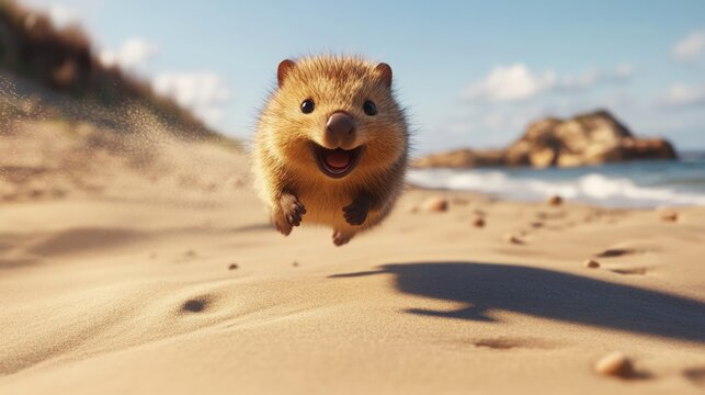 Adorable quokka bounces across the sandy beach, its round cheeks and infectious smile melting the hearts 