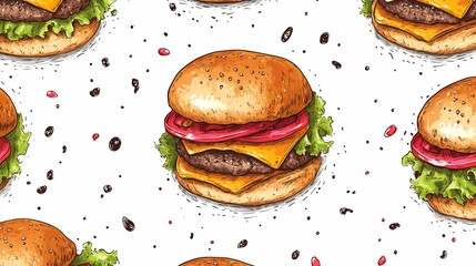 Scrumptious Cheeseburger Seamless Pattern Delightful Hand-Drawn Illustration