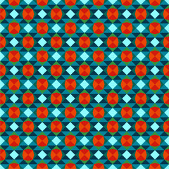 Vibrant Geometric Seamless Pattern, Retro Mosaic Style in Bold Red, Blue & Teal Tones, Ideal for Fabric, Wallpaper, Wrapping Paper, Stationery & Digital Backgrounds, High-Resolution Vector Art