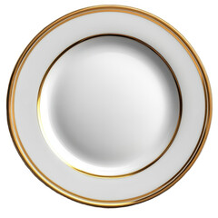 A white plate with gold trim isolated on transparent background