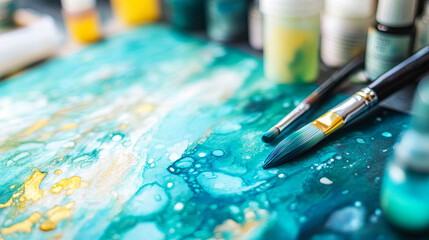Obraz premium Vibrant watercolor illustration featuring a palette of teal and gold hues, with paintbrushes and containers arranged artistically, showcasing the creative process of painting