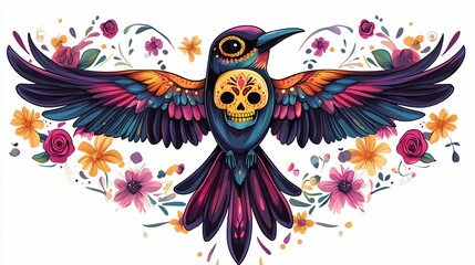 Vibrant Sugar Skull Bird with Floral Wings