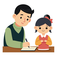 Fototapeta premium Asian father teaching daughter calligraphy vector illustration