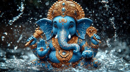 Detailed, vibrant illustration of a blue elephant-headed deity emerging from water