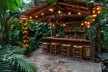 A tropical-themed home bar with bamboo furniture, tiki glasses, and exotic drinks surrounded by lush plants and string lights for a relaxed vibe