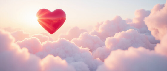 Fototapeta premium Vibrant red heart floats above soft pink clouds, illuminated by warm sunlight glow, creating dreamy and romantic atmosphere