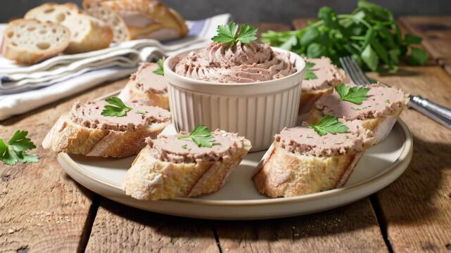 Rustic p&acirc;t&eacute; and baguette platter with cinematic orbit and zoom
