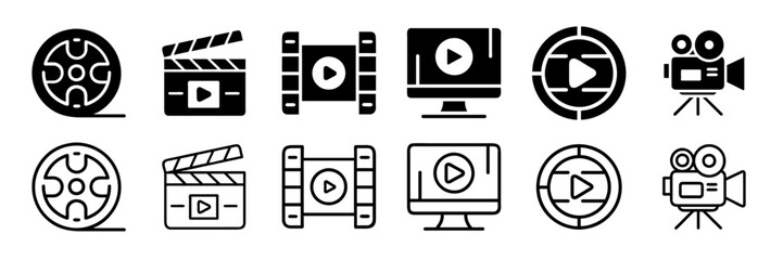 Shooting set icon. Film shooting, film player, 1 to 10, projector, camera, seconds, old film, video, slideshow. Movie concept. Vector line icon for Business and Advertising