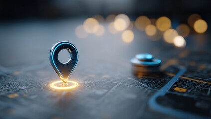A digital blue location pin stands on a map with glowing lights, symbolizing navigation, GPS, and geolocation technology.