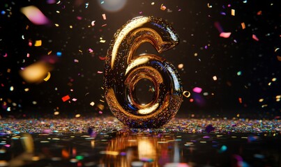 Shiny Gold Number Six Surrounded by Colorful Confetti and Sparkles